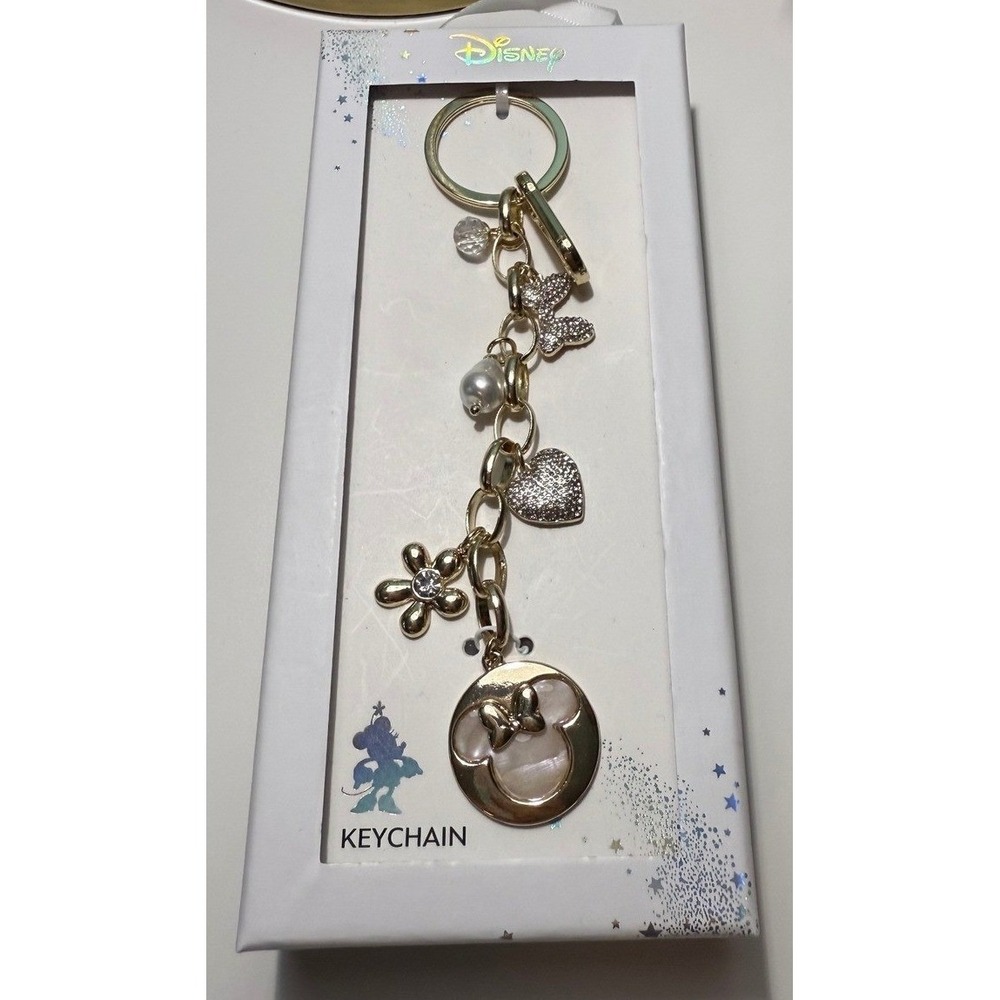 Disney Minnie Mouse Gold Tone Charm Keychain LA Rocks Heart Flower Pearl NIB‎